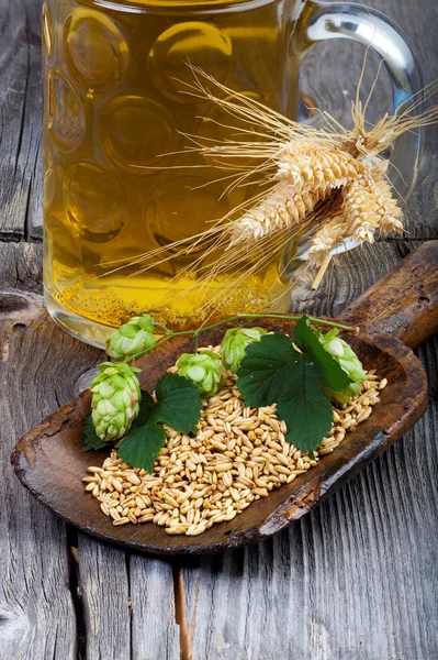 Öl, humle och korn, bryggning ingredienser — Stockfoto