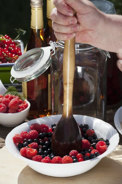 Ingredients blackcurrant liqueur — Stock Photo, Image