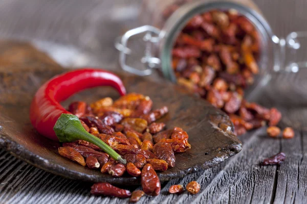 Macro shot of fresh and dried chillies — Stock Photo, Image