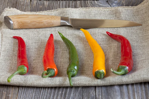 Vários pimentos de pimentão em um tecido de juta — Fotografia de Stock