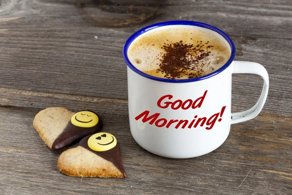 Bonjour avec du café et des cookies souriants — Photo