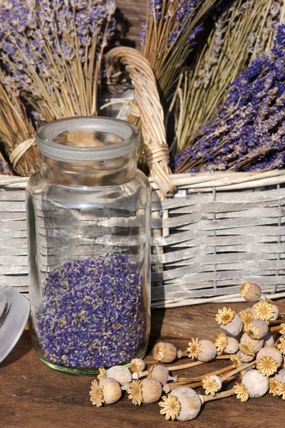 Storage jar dried lavender blossoms — Stock Photo, Image