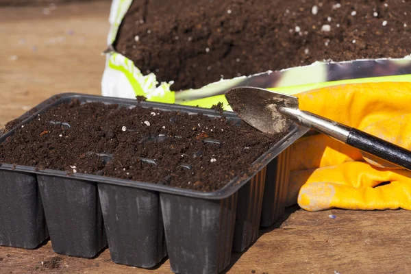 Plant trays, potgrond en tuinieren handschoenen — Stockfoto