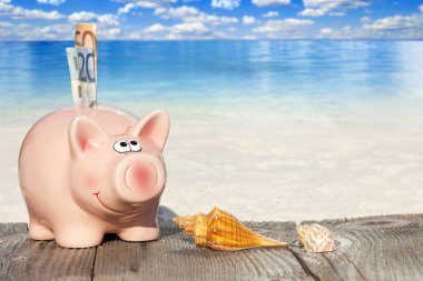 Sahilde banknotlar ile Piggy banka