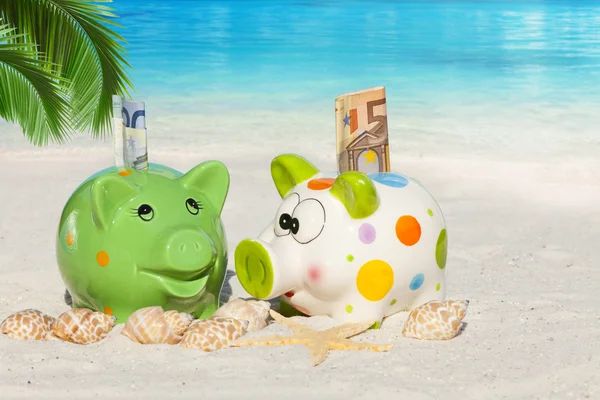 Две свиные банки с банкнотами на пляже — стоковое фото