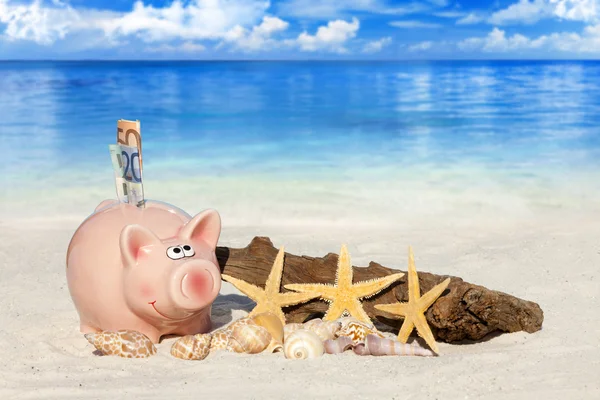 Piggy Bank with banknotes on the Beach — Stock Photo, Image