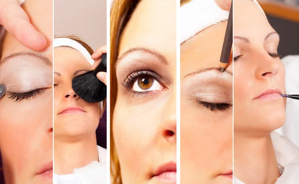 Collage foto van een echte make-up en schoonheid sessie — Stockfoto