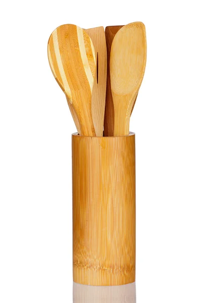 Bamboo Container with new Wooden Spoons and real reflection — Stock Photo, Image