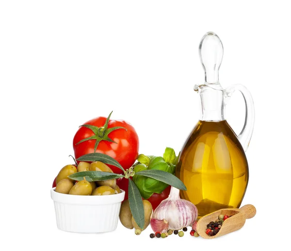 Glass carafe with olive oil and other Ingredients — Stock Photo, Image