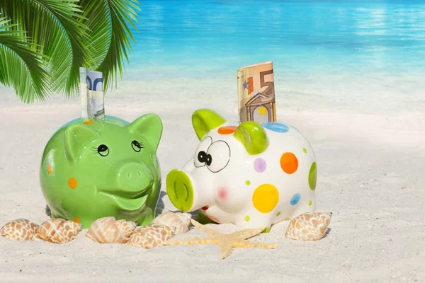 Twee piggy banken met bankbiljetten op het strand — Stockfoto