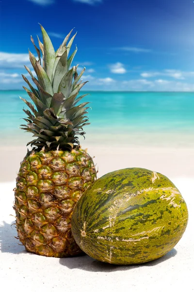 熱帯のビーチにパイナップルとメロンの果実 — ストック写真