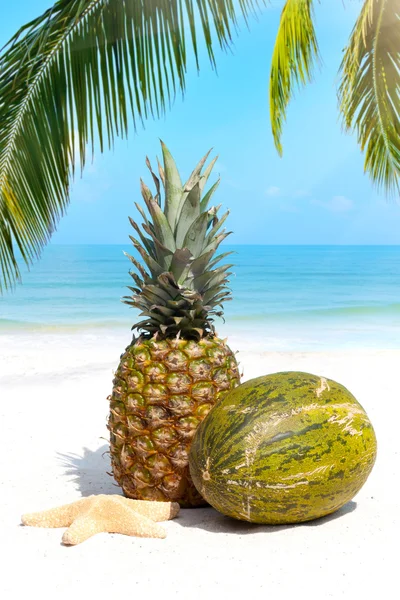 在棕榈树下海滩上的热带水果 — 图库照片
