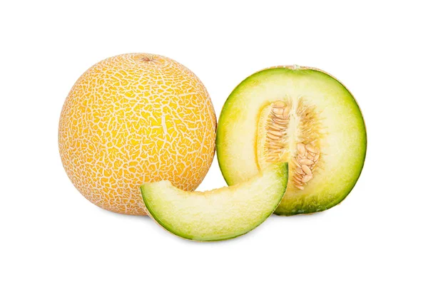 Whole, cross section and pieces of fresh Galia Melons — Stock Photo, Image