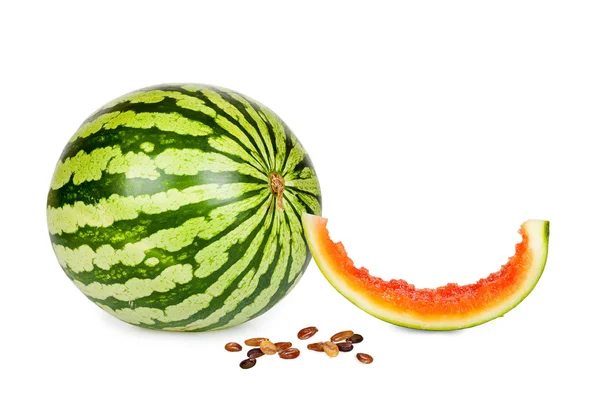 Fresh whole Watermelon with Piece bite off and Seeds — Stock Photo, Image