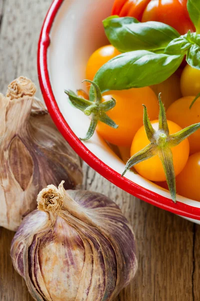 Tomatoes in a bowl and garlic — Stock Photo, Image