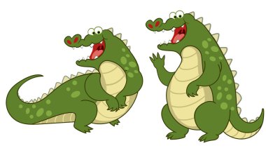 Mutlu ve nazik timsahlar yalan söyler ve el sallar. Beyaz arka planda izole edilmiş komik timsahlar. Çocukça çizimler.