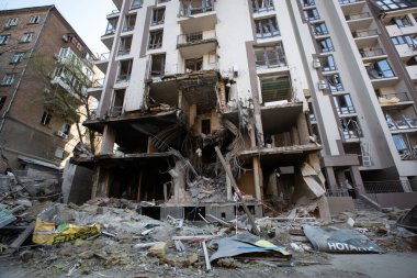 An apartment building destroyed in a military strike amid Russia's invasion of Ukraine in Kyiv, Ukraine. April 29, 2022.