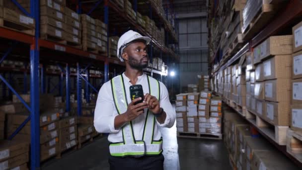 Bedrijfsconcept Van Resolution Afrikaanse Man Die Goederen Controleert Magazijn — Stockvideo
