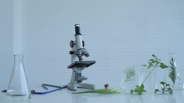 4k çözünürlüğünün bilim konsepti. Laboratuvardaki biyoloji ekipmanları. Bitki Bilimi ve Moleküler Veri Toplama.