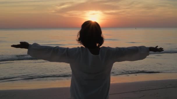 Concepto Viaje Resolución Silueta Una Mujer Mirando Atardecer Extiende Los — Vídeos de Stock