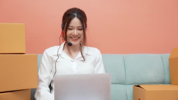 Kararlılığın Konsepti Asyalı Kadınlar Internette Bilgisayar Kullanarak Ürün Satıyorlar Çağrı — Stok video