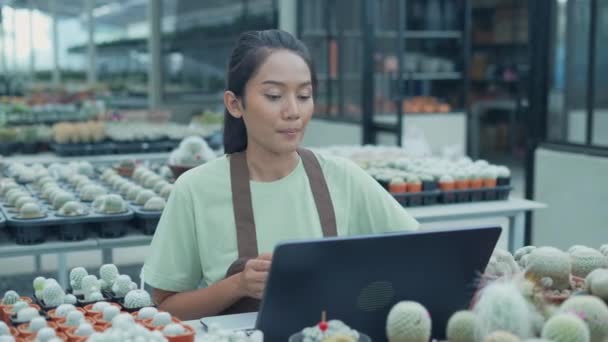Üzleti koncepció 4k felbontás. A bolttulajdonos egy számítógéppel árulja a kaktuszt. Ázsiai nő bevezet egy fát. termékek online értékesítése.