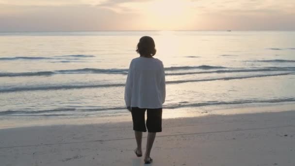 Concepto Viaje Resolución Una Anciana Caminando Por Playa — Vídeo de stock