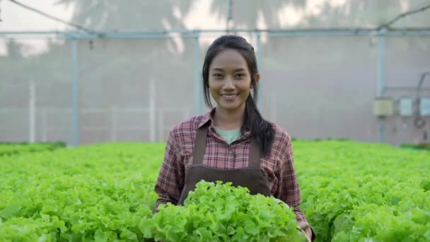 Landbouwconcept Van Resolutie Aziatische Vrouw Draagt Groenten Met Een Glimlach — Stockvideo