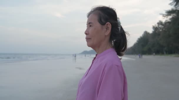 Seyahat Konsepti Çözünürlük Asyalı Yaşlı Bir Kadın Kumsalda Mutlu Bir — Stok video