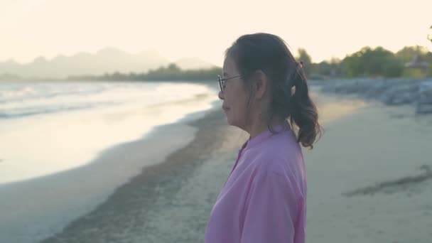 Seyahat Konsepti Çözünürlük Asyalı Yaşlı Kadın Sahilde Dinleniyor — Stok video