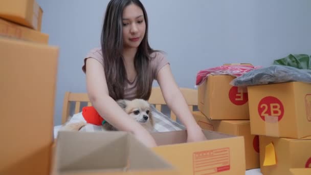 Conceito Negócio Resolução Mulher Asiática Embalando Produtos Caixas Casa Entrega — Vídeo de Stock