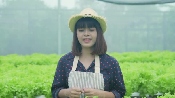 4K分解能の農業概念 有機野菜栽培について説明するアジアの女性 庭師の信頼 — ストック動画