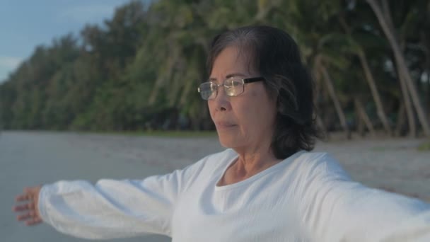 Conceito Viagem Resolução Asiática Mulher Idosa Relaxante Praia — Vídeo de Stock