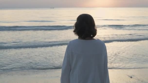 Seyahat Konsepti Çözünürlük Kumsalda Yürüyen Yaşlı Bir Kadın — Stok video