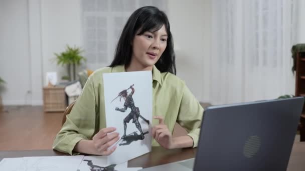 Geschäftskonzept Der Auflösung Junge Asiatische Designerin Präsentiert Ihre Arbeit Büro — Stockvideo