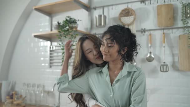 Holiday Concept Resolution Asian Women Embracing Each Other Kitchen Young — Stock Video