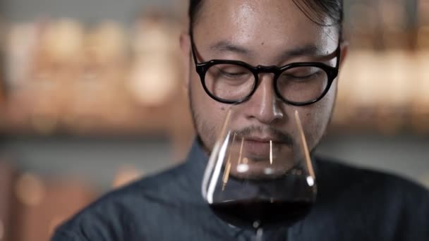 Concetto Night Club Risoluzione Uomo Asiatico Degustazione Vino Ristorante Gruppo — Video Stock