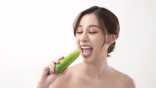 Beauty Concept Resolution Asian Woman Chewing Delicious Cucumber White Background — 비디오