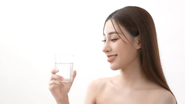 Beauty Concept Resolution Asian Woman Drinking Clean Water White Background — Fotografia de Stock