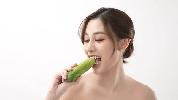 Beauty Concept Resolution Asian Woman Chewing Delicious Cucumber White Background — Fotografia de Stock