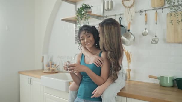 Holiday Concept Resolution Asian Women Having Coffee Together Kitchen Young — Stock Video