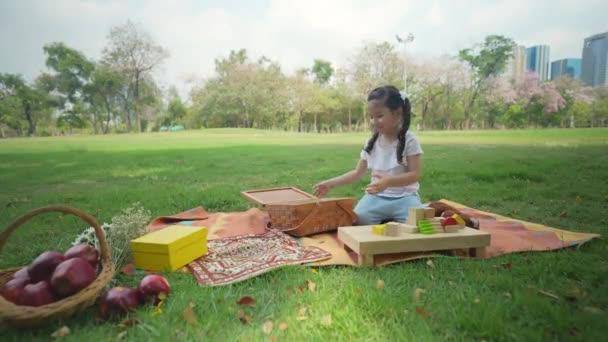 Διακοπές Έννοια Του Ψηφίσματος Ένα Κορίτσι Βάζει Παιχνίδια Ένα Καλάθι — Αρχείο Βίντεο