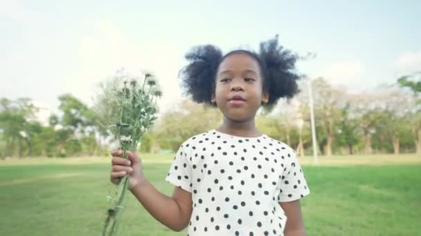 4K解像度の休日の概念 アフリカ人の少女が公園でインタビューをする — ストック動画