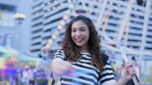 Tourism Concept Resolution Girl Blowing Bubbles Amusement Park — Stock Video