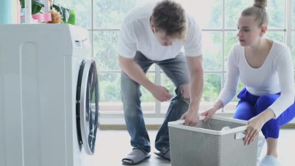 Family Concept Resolution Caucasian Couple Putting Clothes Washing Machine House — Stock Video