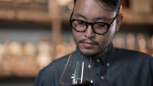 Night Club Concept Resolution Asian Man Tasting Wine Restaurant Group — 图库视频影像