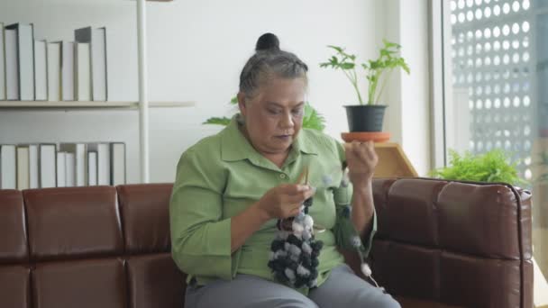 Праздничная Концепция Resolution Азиатская Пожилая Женщина Вязание Доме — стоковое видео