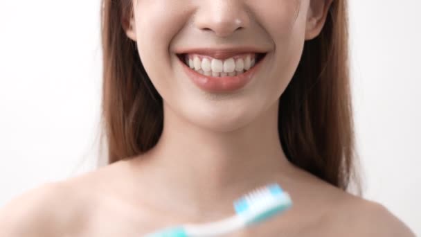 Beauty Concept Resolution Asian Woman Brushing Teeth White Background — Vídeos de Stock