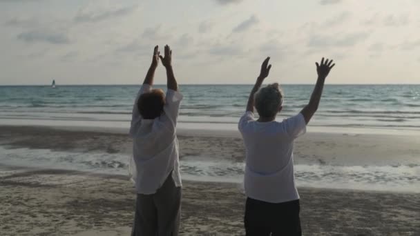 Διακοπές Έννοια Του Ψηφίσματος Δυο Γέροι Ασιάτες Κάνουν Γιόγκα Στην — Αρχείο Βίντεο