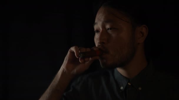 Concetto Night Club Risoluzione Uomo Asiatico Fumare Sigaro Nel Ristorante — Video Stock